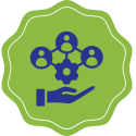 ID: Blue symbol of a hand holding a gear and people icons, on a green background