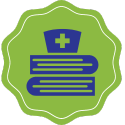 ID: Blue nurse cap on top of blue books, on a green background
