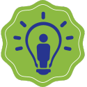 ID: Blue lightbulb icon with a person in the middle, on a green background