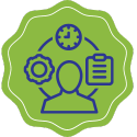 ID: Blue icon of a person surrounded by a gear, a clock, and a clipboard on a green background