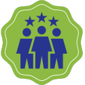 ID: A blue icon of three leaders with a star over each head, on a green background