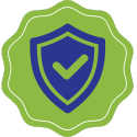 ID: Blue shield with a green checkmark on it, both on a green background