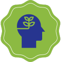 ID: Blue head silhouette with a green plant growing to symbolize learning, on a green background